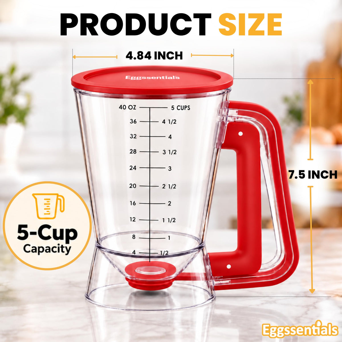 Eggssentials Pancake Dispenser for Batter - Pancake Mix Dispenser Cupcakes, and Muffins – Precision, Mess Free – Cake Mix Dispenser Bottle for Baking & Griddle - Red Color 🍁 All In One Marketplace Canada