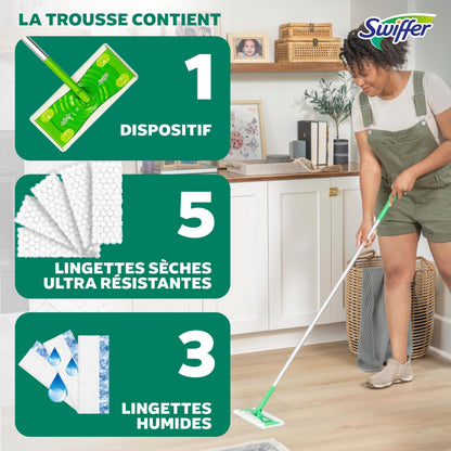 Swiffer Sweep + Mop, Broom & Mop Alternative, Dry & Wet Floor Cleaner for Dirt, Dust, Hair, All Purpose Cleaning Tool for Home, Bathroom, Kitchen, Set Includes 1 Sweeper, 14 Dry Pads, 5 Wet Pads Fresh - Available at All In One Marketplace Canada