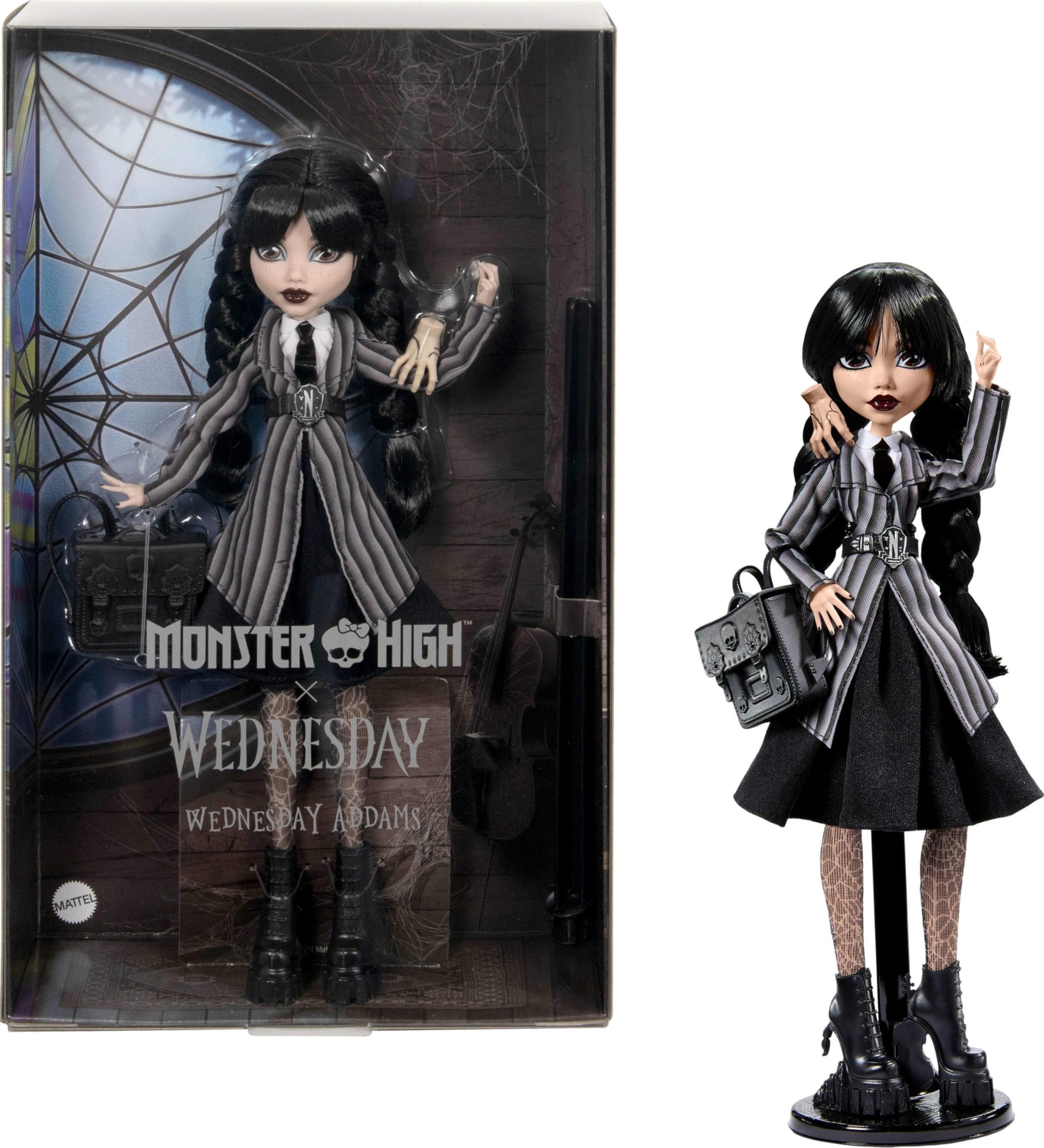 Monster High Wednesday Doll and Accessories, Wednesday Addams Collectible in Nevermore Academy Uniform with Thing and Backpack, Doll Stand Monster High