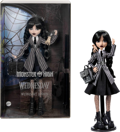 Monster High Wednesday Doll and Accessories, Wednesday Addams Collectible in Nevermore Academy Uniform with Thing and Backpack, Doll Stand Monster High