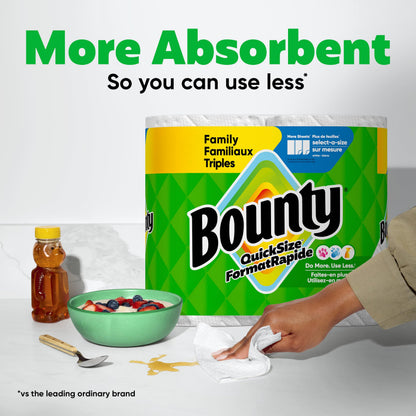 Bounty Paper Towels Quick-Size, White, 8 Family Triple Rolls = 27 Regular Rolls