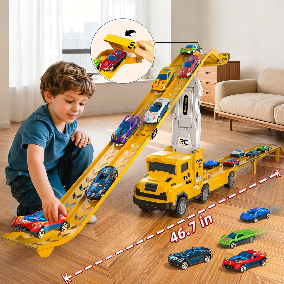 Transport Truck Toy for Kids, Transport Vehicle with Double Race Ramp Track 🍁 All In One Marketplace Canada