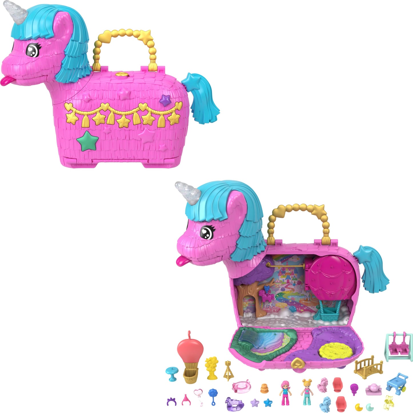 Polly Pocket Dolls & Playset with Pets & 25+ Surprise Accessories, Birthday Celebration Unicorn Partyland Playset, Hot Air Balloon Ride Mattel
