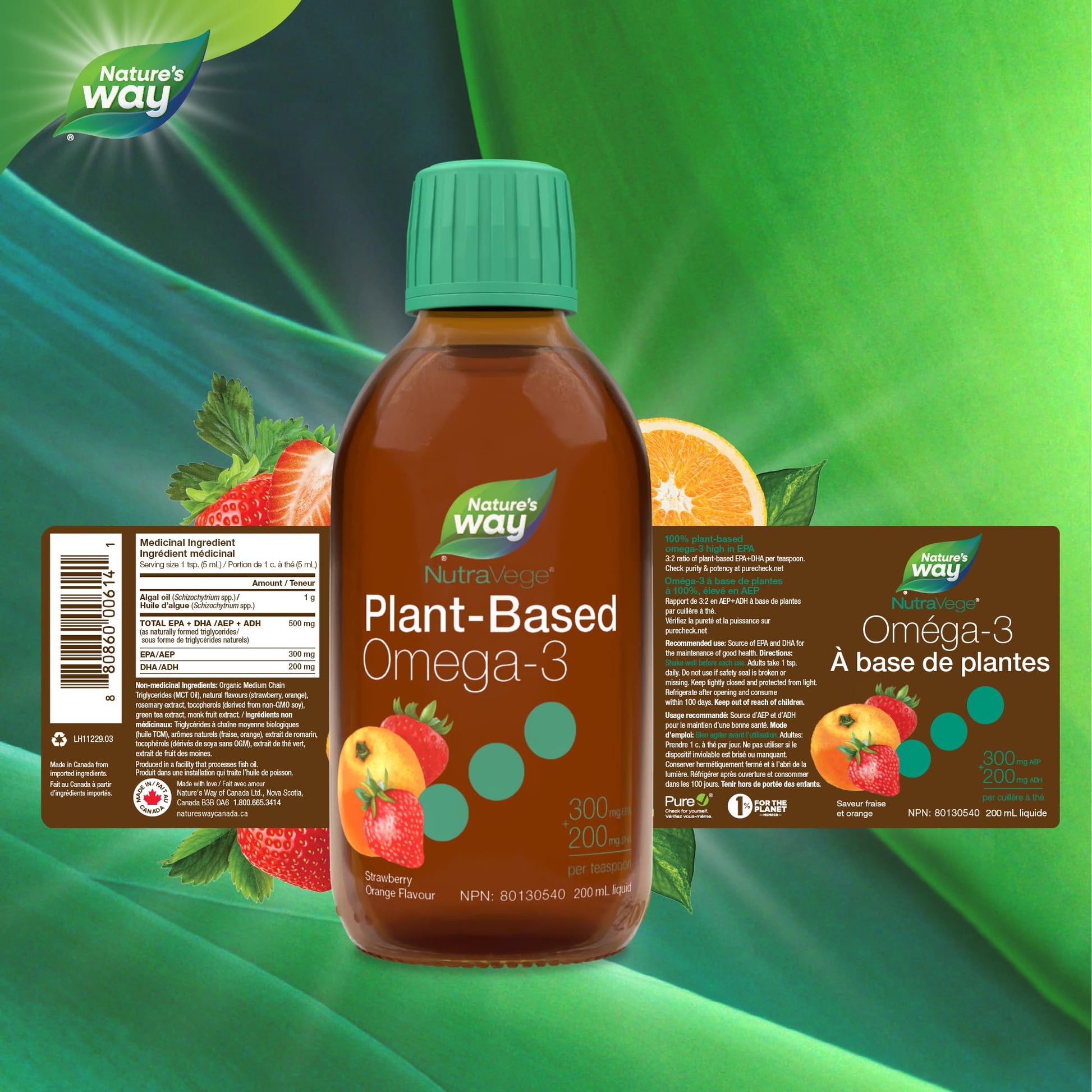 Nature's Way NutraVege Plant-Based Omega-3 – Vegetarian Liquid Omega-3 Supplement with 150mg EPA + 300mg DHA - Strawberry Orange Flavour – Support Heart, Eyes and Brain Function in Adults, 200ml Nature's Way