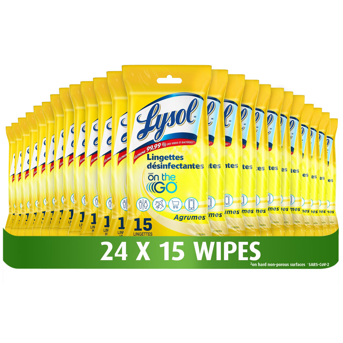 Lysol Disinfecting Wipes, Lysol On the Go, Citrus, Kills 99.9% of Viruses & Bacteria, Bulk Pack of 24, 360 count (24 x 15 count)