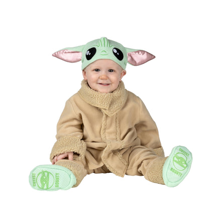 Costume d'Halloween officiel de luxe Grogu de STAR WARS pour bébé - Haut et pantalon en tissu minky de qualité supérieure avec capuche et chaussons antidérapants (6-12 mois)