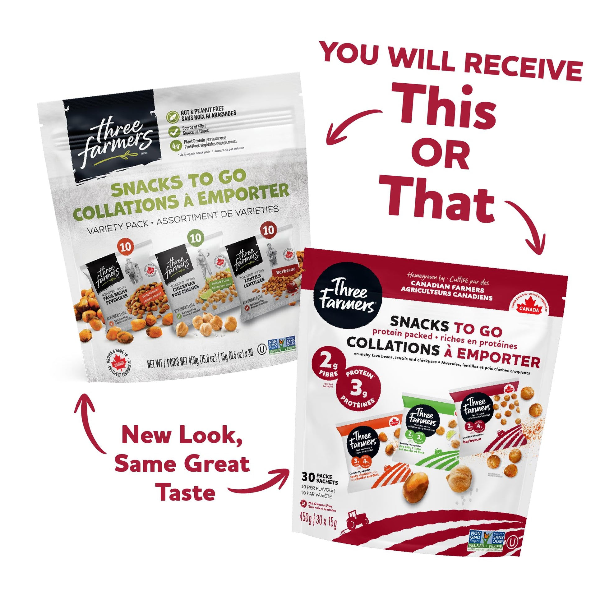 Three Farmers Variety Snack Pack - Roasted Protein Snacks, 30 Count - Gluten-Free, High Fiber, Low Calorie