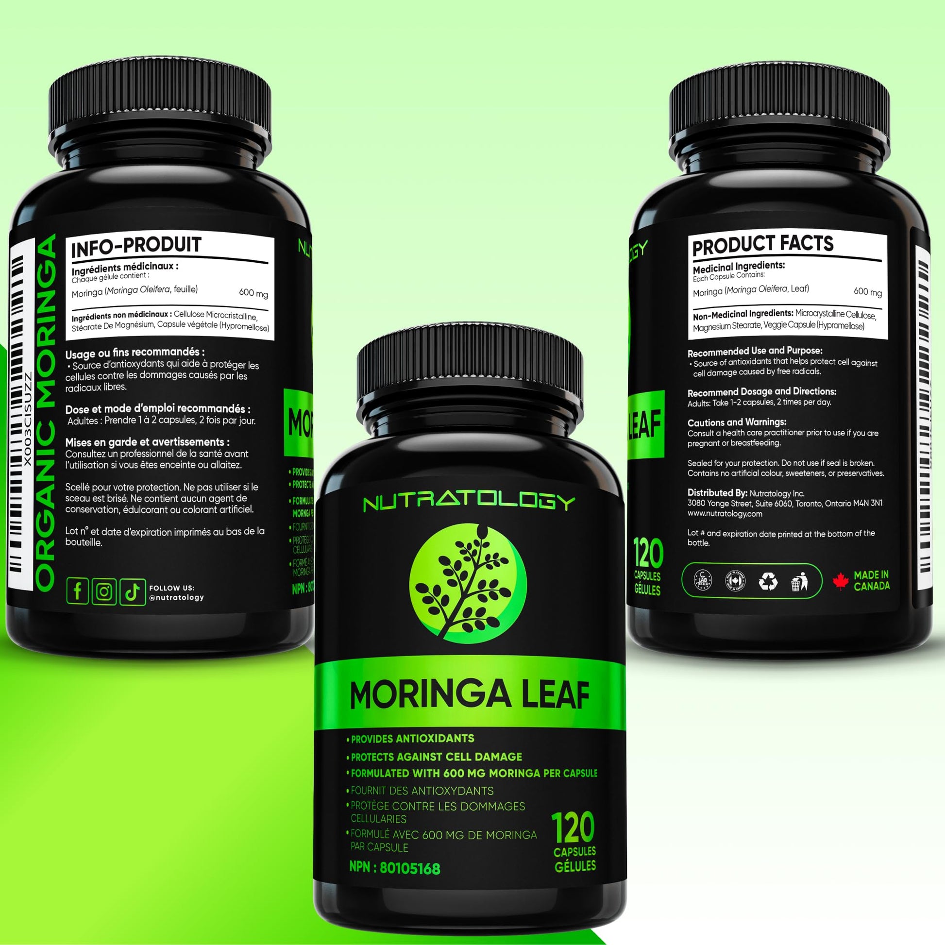 Nutratology® Organic Moringa Leaf Capsules | 1200MG Per Serving | Canadian-Made | Provides Powerful Antioxidants - Protects Against Cell Damage, Supports Liver Detox & Gut Health - 120 Caps - Available at All In One Marketplace Canada