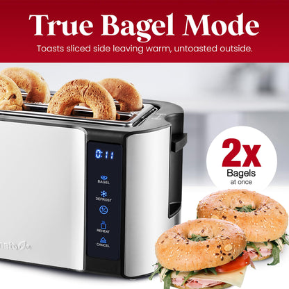 Elite Gourmet ECT5322 Long Slot 4 Slice Toaster, Countdown Timer, Bagel Function, 6 Toast Setting, Defrost, Cancel Function, Built-in Warming Rack, Extra Wide Slots for Bagels Waffles, Stainless Steel Elite Gourmet