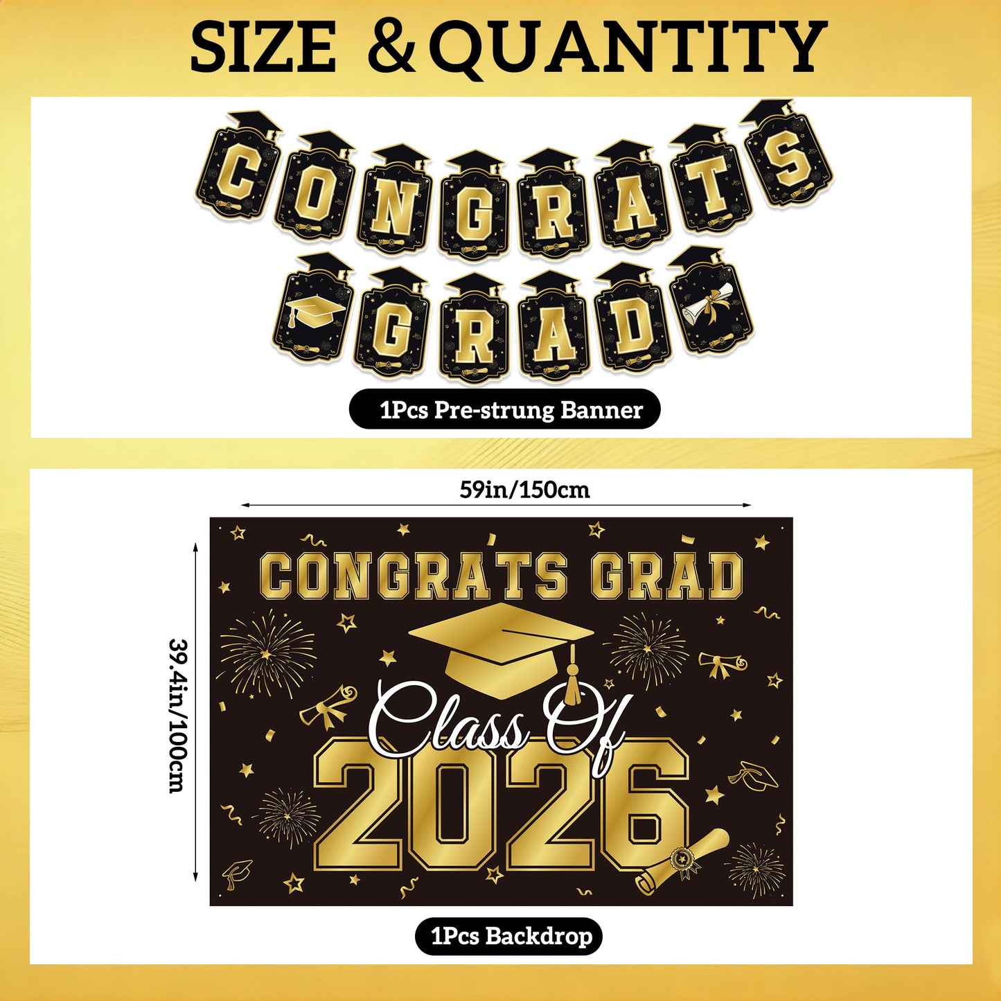 Graduation Decorations 2026 Black Gold 35PCS, Pre-Strung Congrats Grad Banner, Class of 2026 Backdrop, Balloons, Hanging Swirls, Graduation Party Decorations,PRE-ASSEMBLED - Available at All In One Marketplace Canada