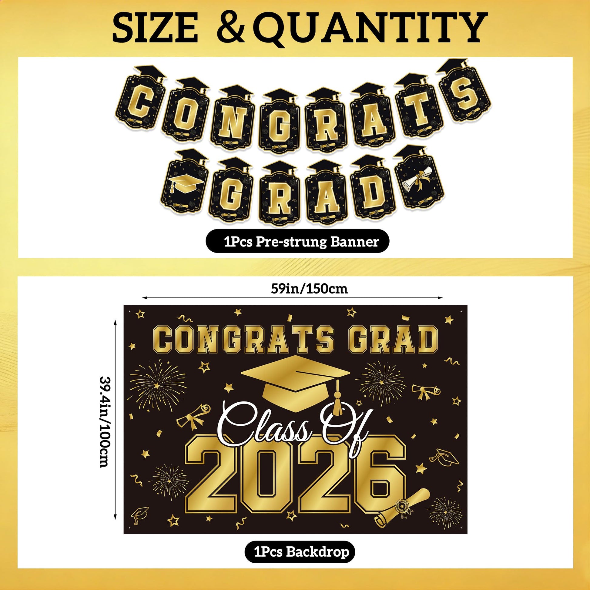 Graduation Decorations 2026 Black Gold 35PCS, Pre-Strung Congrats Grad Banner, Class of 2026 Backdrop, Balloons, Hanging Swirls, Graduation Party Decorations,PRE-ASSEMBLED - Available at All In One Marketplace Canada
