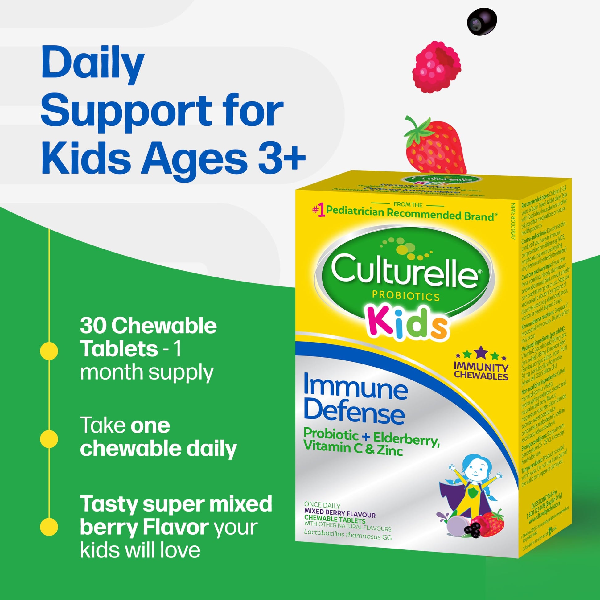 Culturelle Kids Immune Defense, Probiotic + Elderberry, Vitamin C and Zinc, Immune Support for Kids, Mixed Berry Chewables, 30 count - Available at All In One Marketplace Canada