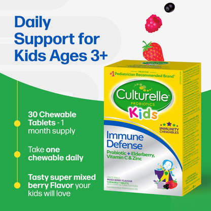 Culturelle Kids Immune Defense, Probiotic + Elderberry, Vitamin C and Zinc, Immune Support for Kids, Mixed Berry Chewables, 30 count - Available at All In One Marketplace Canada