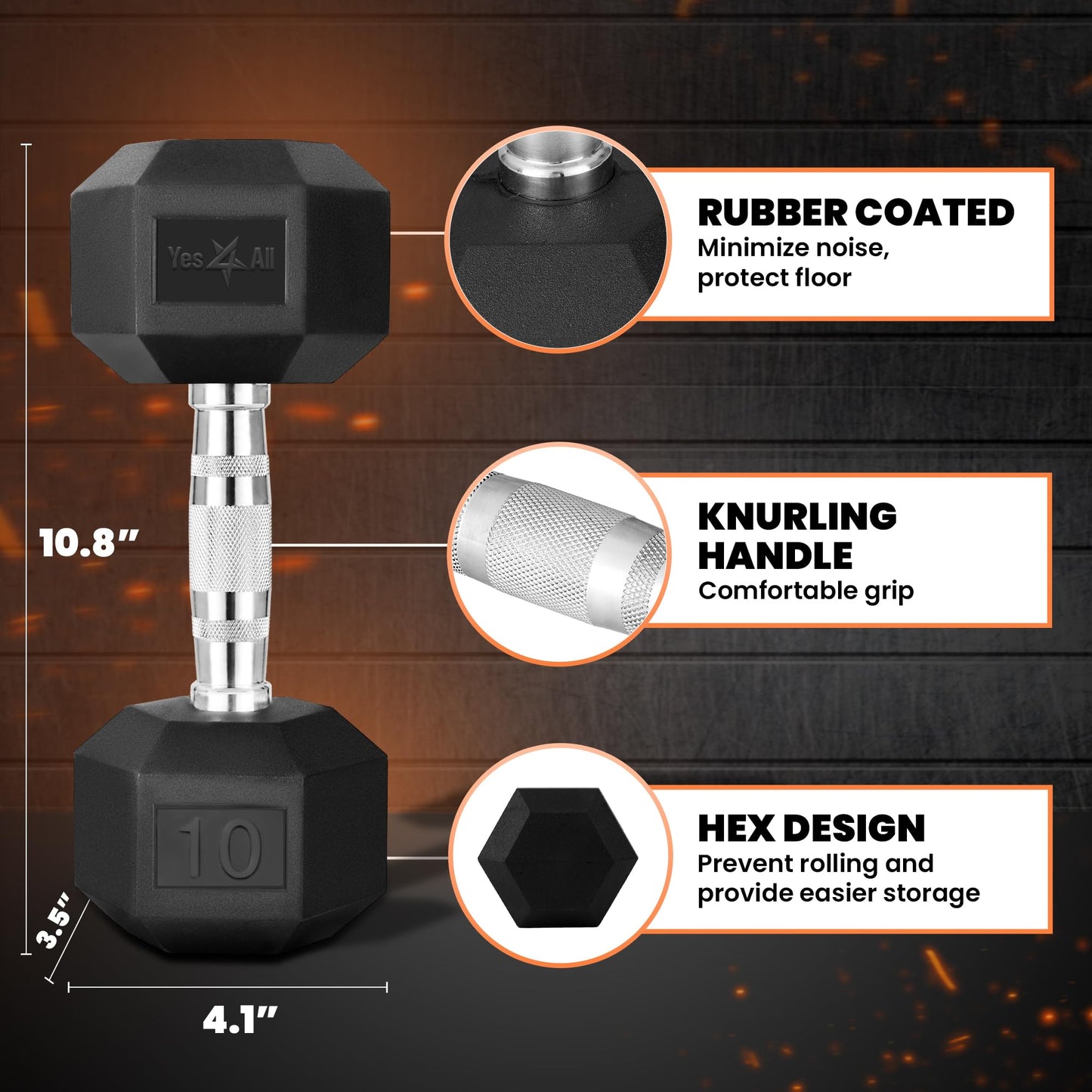 Yes4All Cast Iron - Chrome Grip Hex Dumbbell - 10 lbs - Single 🍁 All In One Marketplace Canada