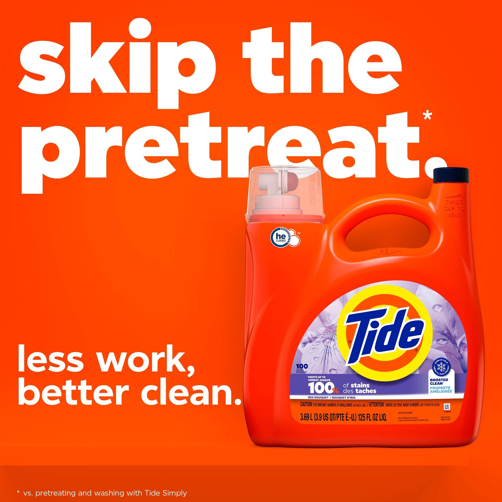 Tide Liquid Laundry Detergent, Iris Bouquet Scent, 100 Loads, Boosted Clean even in cold water, laundry soap, concentrated liquid detergent, 3.69 L Tide