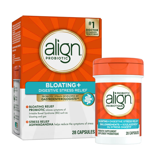 Align Probiotic, Bloating + Digestive Stress Relief, Probiotic for Women and Men with Ashwagandha, Helps Relieve Symptoms of IBS such as Bloating, Gas, and Abdominal Discomfort, 28 Capsules - Available at All In One Marketplace Canada