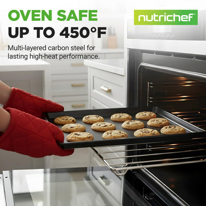 NutriChef, Baking Sheet, Baking Pan, Cookie Sheets, Baking Set, Baking Tray, Sheet Pan, Nonstick, Professional Quality, 3 Piece Set, Stackable, Black