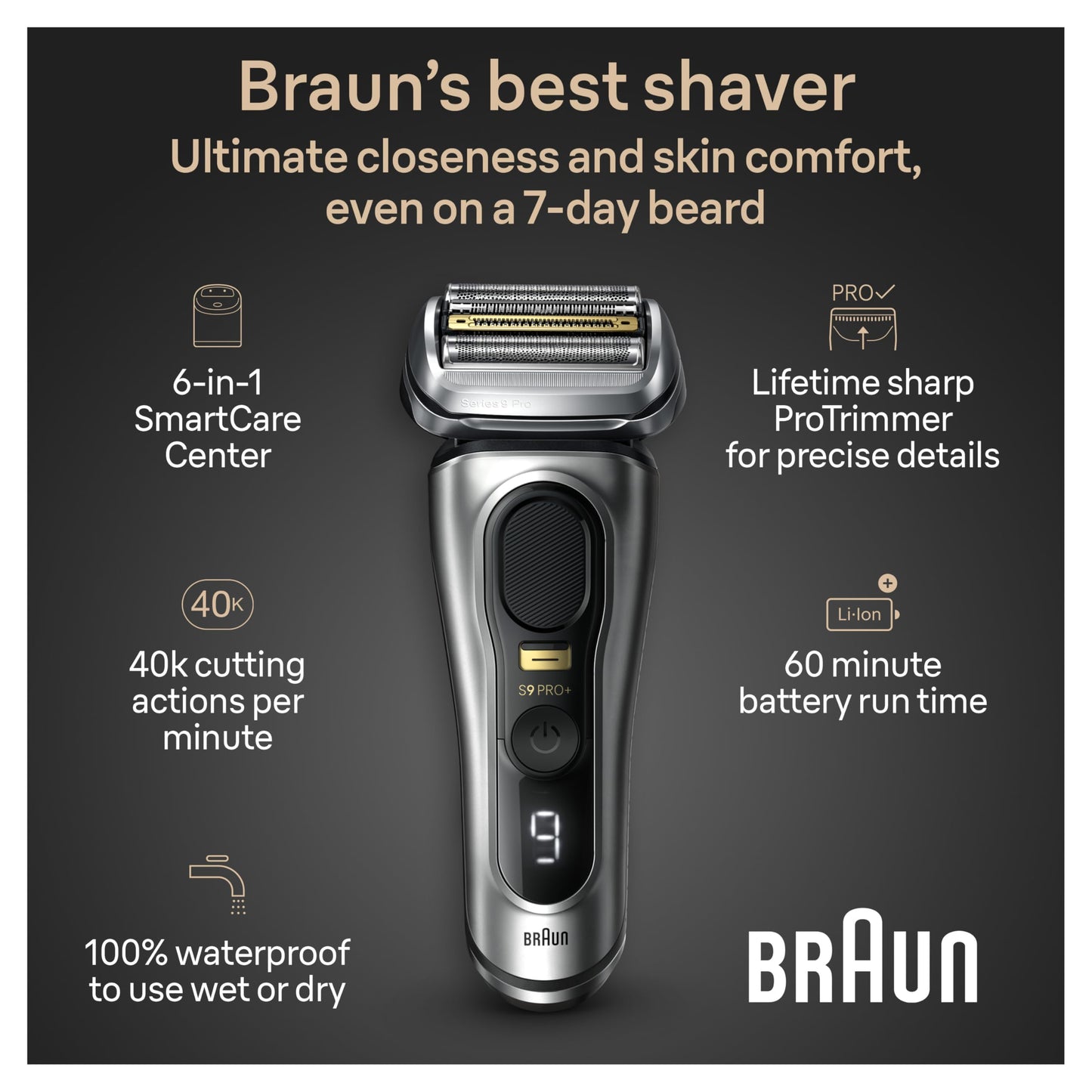 Braun Shavers for Men, Trimmer, Electric Foil Razor, Series 9 Pro+ Shaver, Precision Long Hair Trimmer, Wet & Dry with SmartCare Center, 9567cc, Silver - Available at All In One Marketplace Canada
