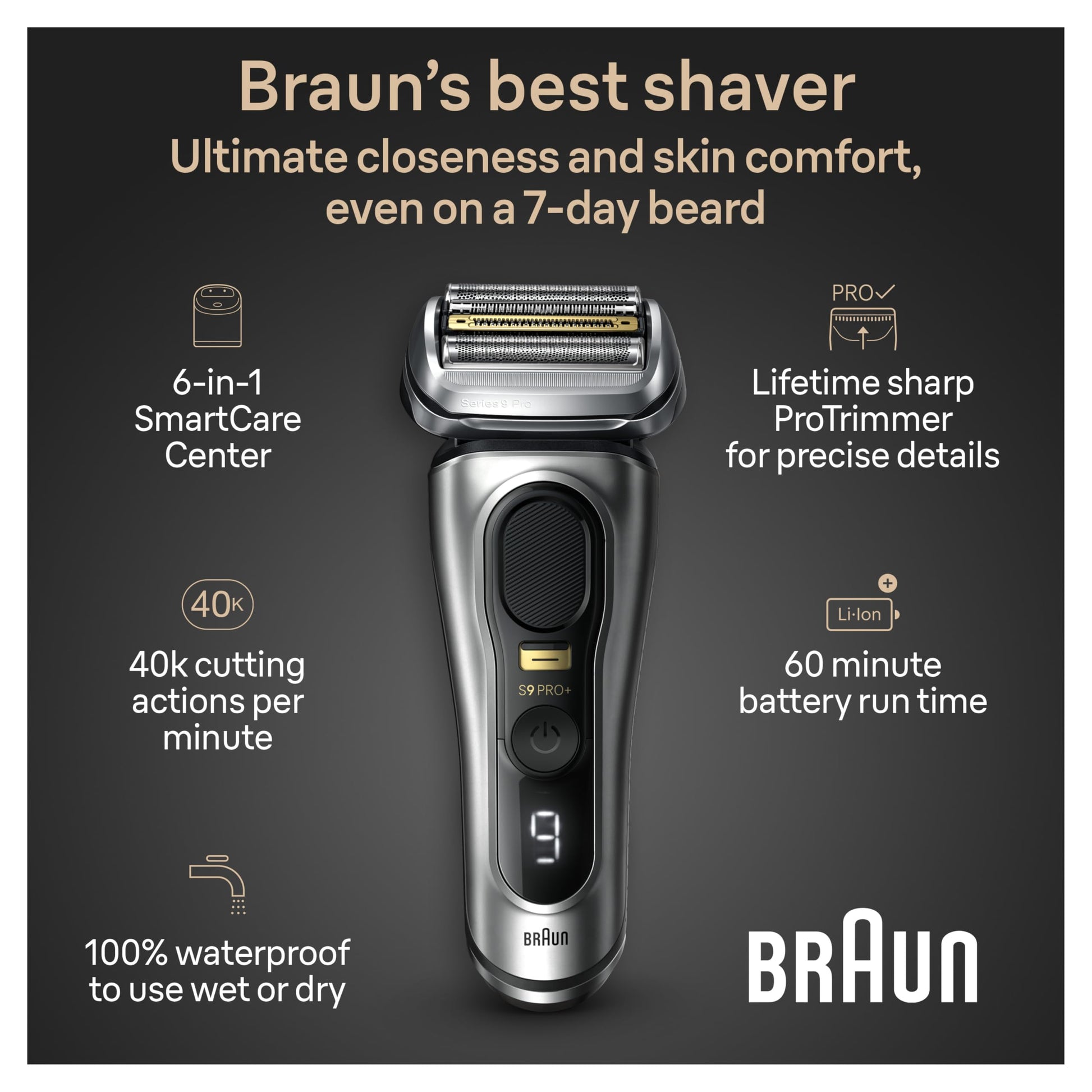 Braun Shavers for Men, Trimmer, Electric Foil Razor, Series 9 Pro+ Shaver, Precision Long Hair Trimmer, Wet & Dry with SmartCare Center, 9567cc, Silver - Available at All In One Marketplace Canada