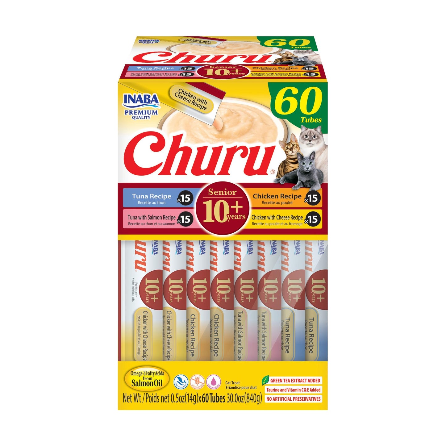 INABA Churu for Senior 10+, Creamy Lickable Cat Treats with Taurine, Vitamin E & C, 14 Grams Each, 60 Tubes, Tuna & Chicken Variety 🍁 All In One Marketplace Canada