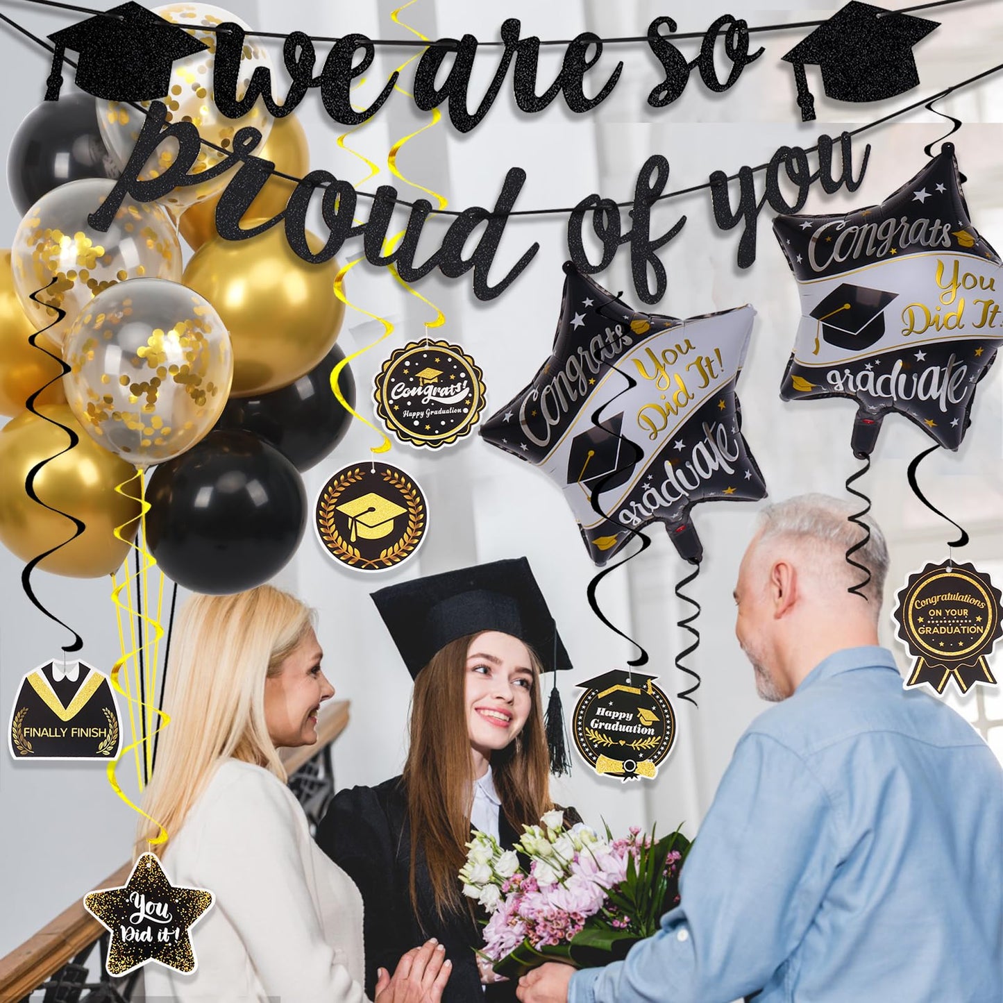 Graduation Decorations 2026, grad 2026 decorations with We Are So Proud of You Banner, Graduation Balloons, Congratulations Hanging Swirls for class of 2025 decorations - Available at All In One Marketplace Canada