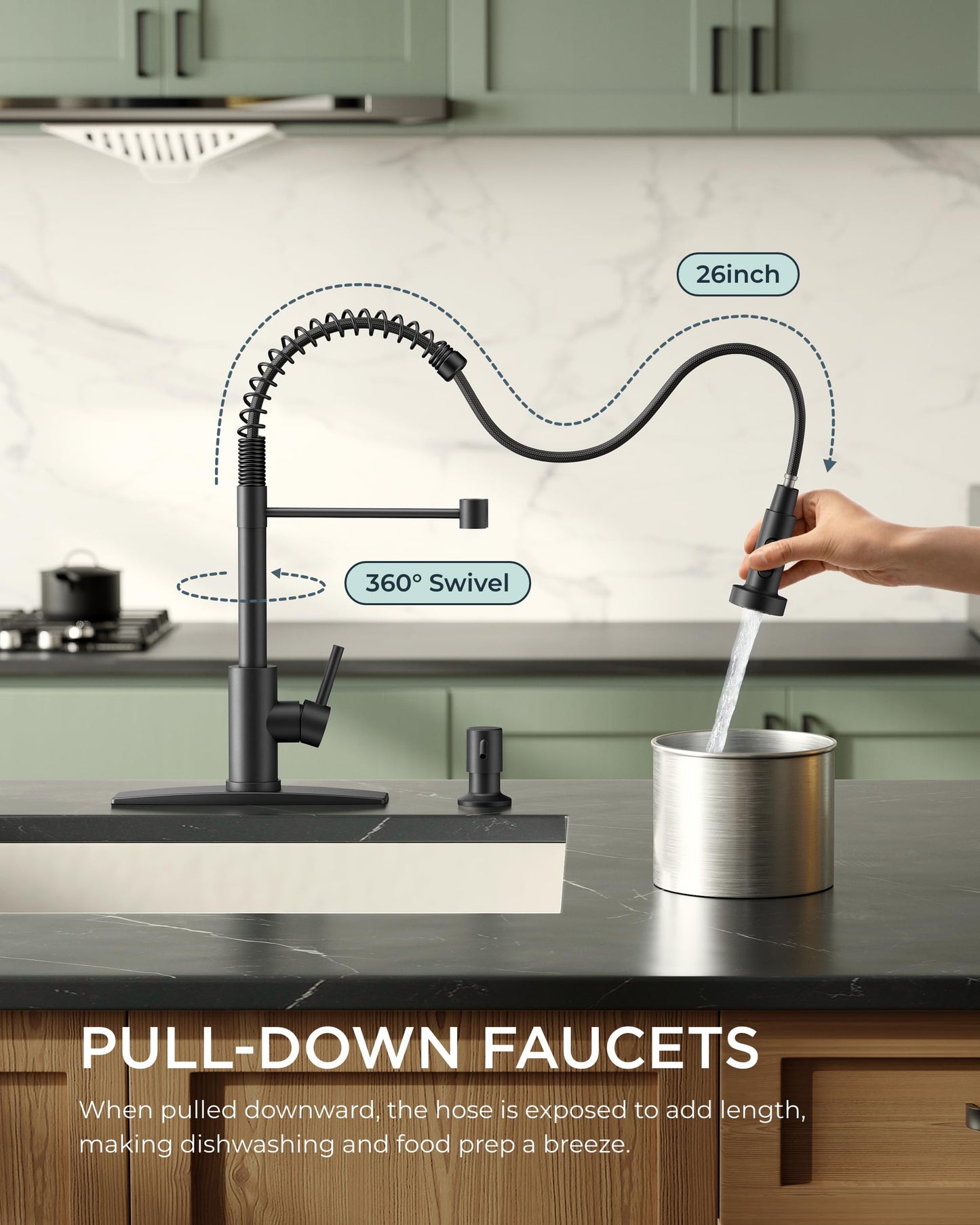 FORIOUS Black Kitchen Faucet with Pull Down Sprayer, Stainless Steel Single Handle Spring Classic Sink Faucets 1 or 3 Hole, for Farmhouse Camper Laundry Rv Bar, Matte Black