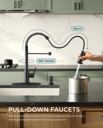 FORIOUS Black Kitchen Faucet with Pull Down Sprayer, Stainless Steel Single Handle Spring Classic Sink Faucets 1 or 3 Hole, for Farmhouse Camper Laundry Rv Bar, Matte Black