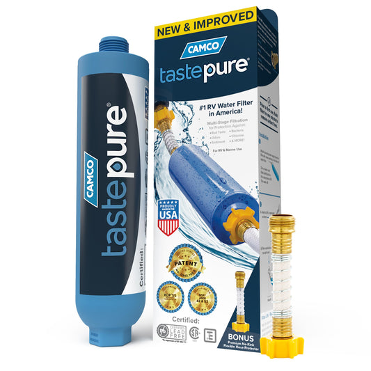 Camco Tastepure RV Water Filter - New & Advanced RV Inline Water Filter with Flexible Hose Protector - GAC & KDF Filtration - Made in USA - Camping Essentials for Fresh Drinking Water (40013) - Available at All In One Marketplace Canada