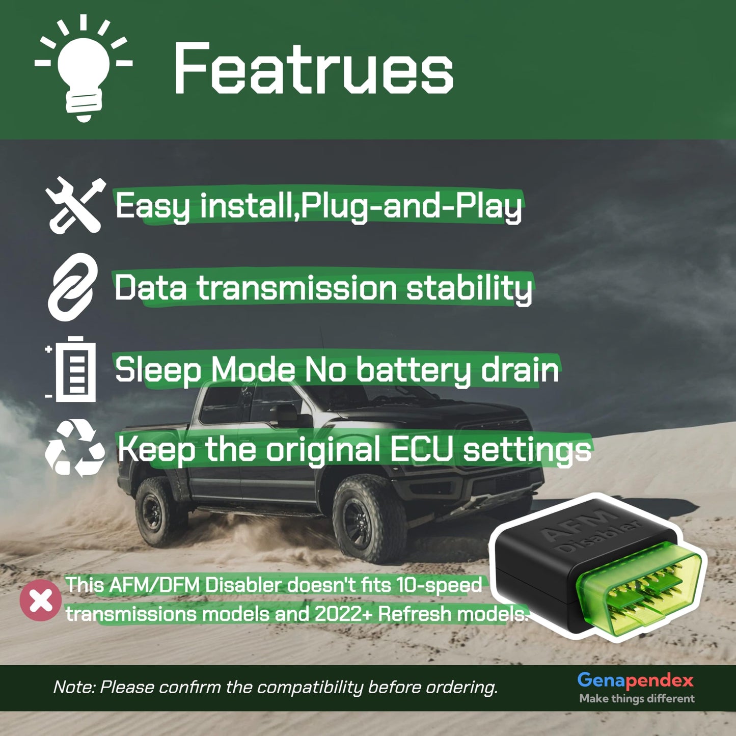 Genapendex AFM/DFM Disabler for 2007-2022 Silverado 1500 Sierra 1500 5.3L 6.2L Engines,Plug & Play GM Truck/SUV DOD Disabler.