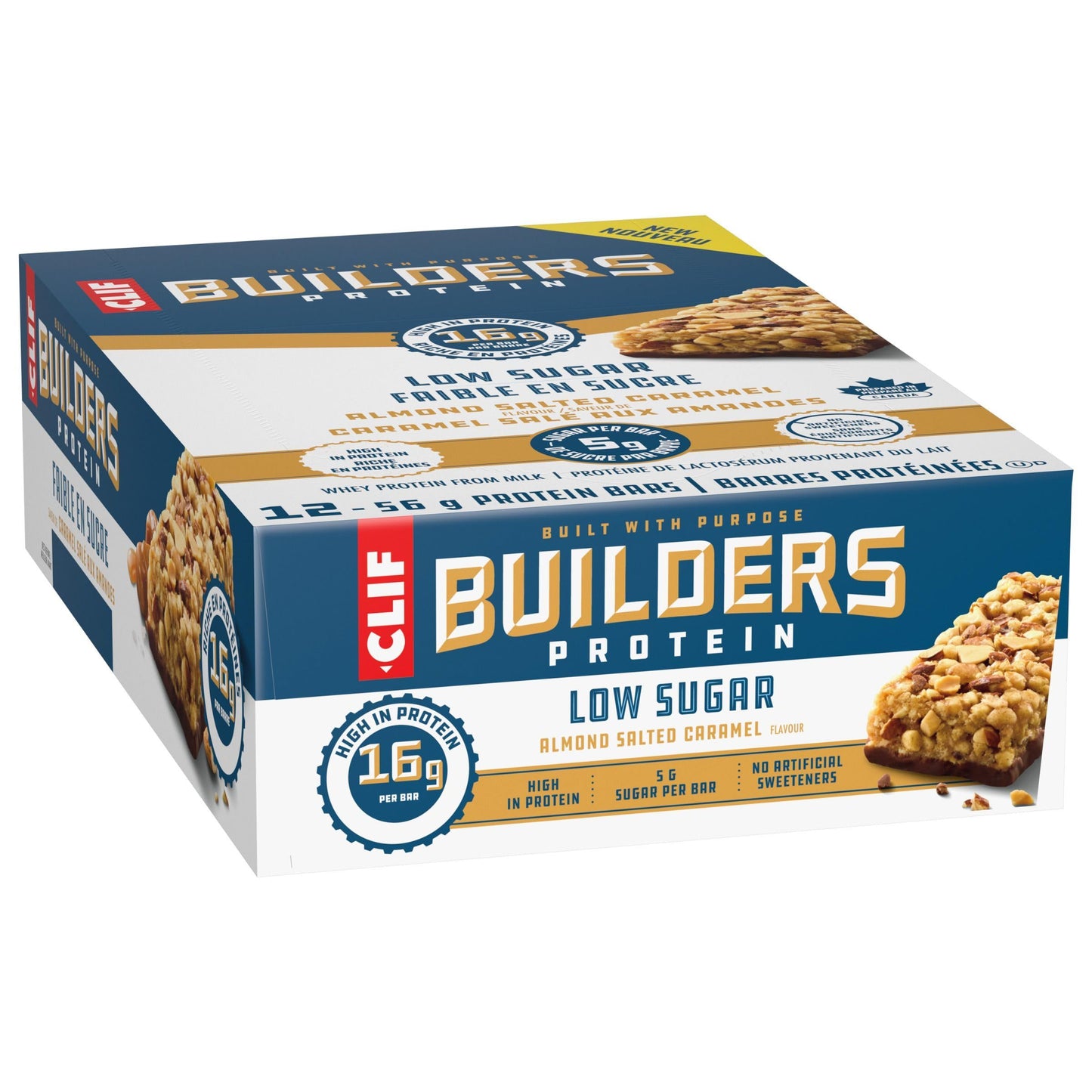 CLIF BUILDERS Low Sugar Protein Bars – Almond Salted Caramel, 12-Pack (56g each)