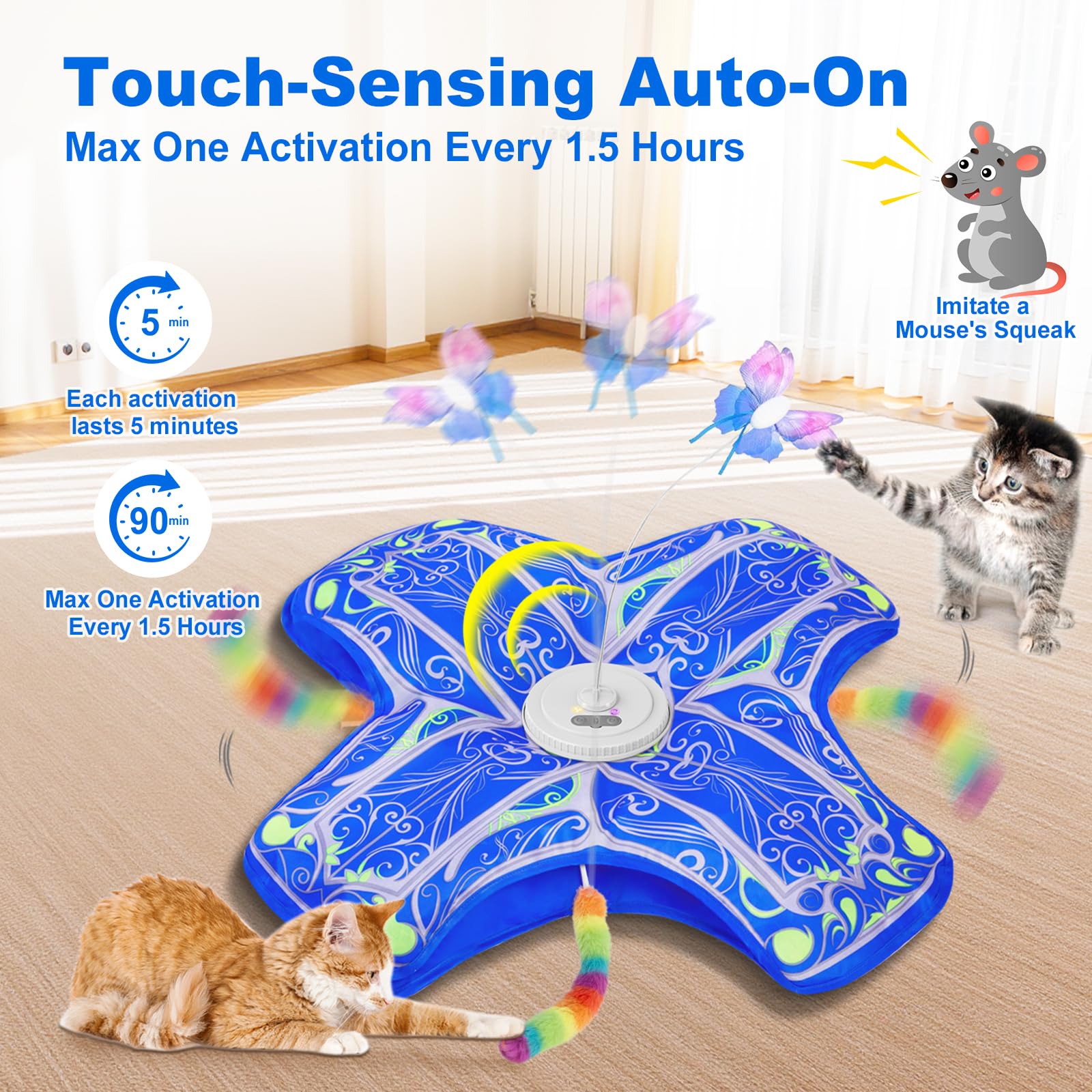 Qraxond Interactive Cat Toys for Indoor Cats,[Newly Upgraded] Rechargeable Touch Activated Hide and Seek Kitten Toy with Fluttering (Blue Cover Cloth Toy)