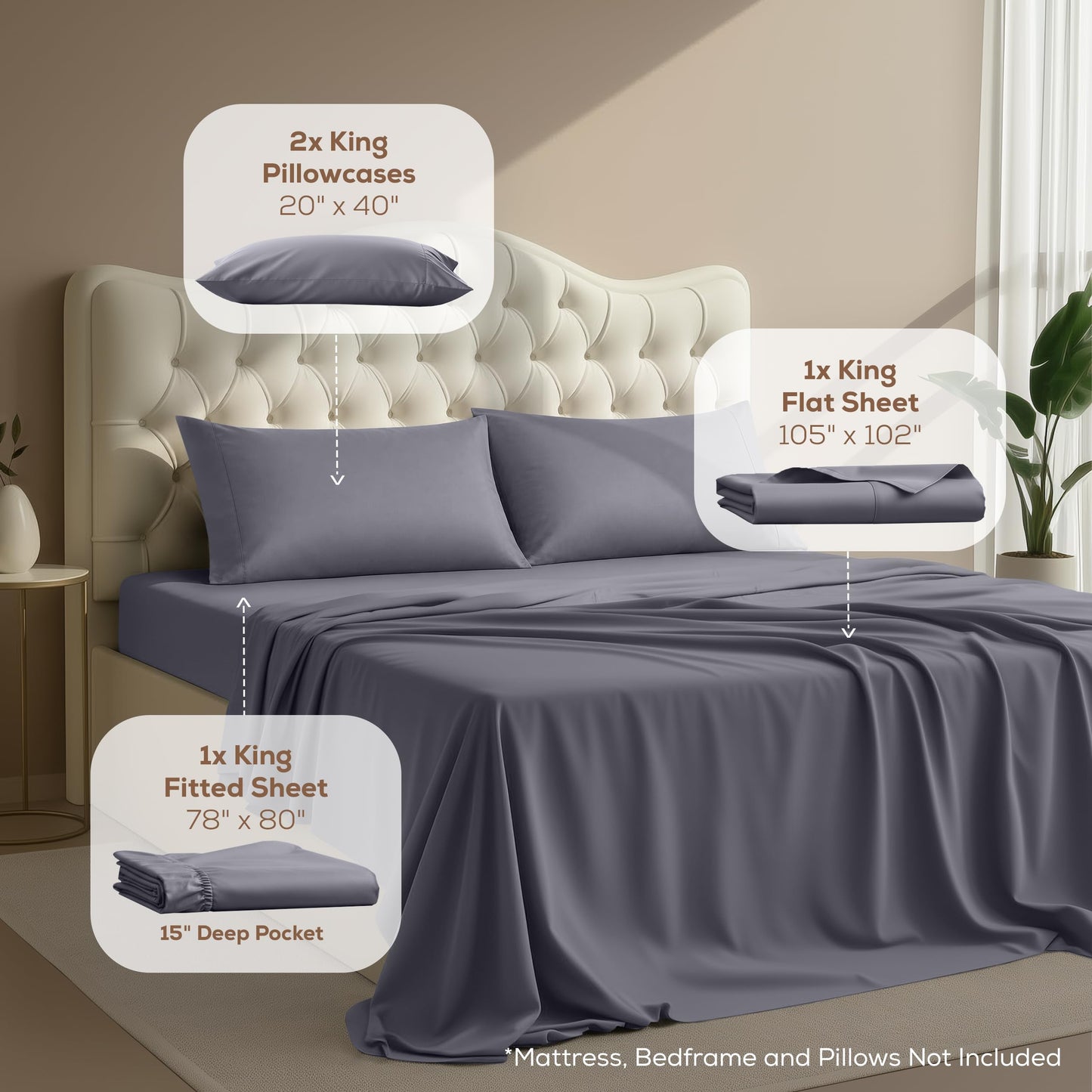 Utopia Bedding King Bed Sheets - 4 Piece King Size Cooling Sheet Set - Hotel Luxury Soft Breathable Microfiber, Oeko-TEX, Deep Pocket Easy Fit & Care, Fade & Wrinkle Resistant, Grey