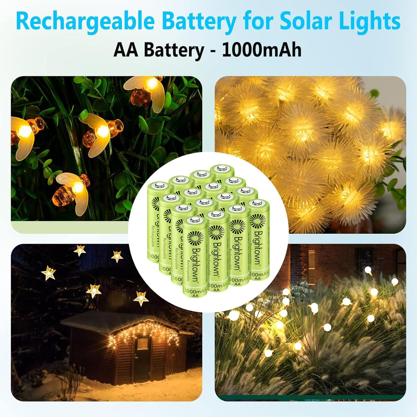 Brightown 12-Pack Rechargeable AA Batteries - 1000mAh 1.2V NiMH High Capacity Batteries - Ideal for Solar Lights & Home Devices, Recharge up to 1000x Times, Pre-Charged - Available at All In One Marketplace Canada