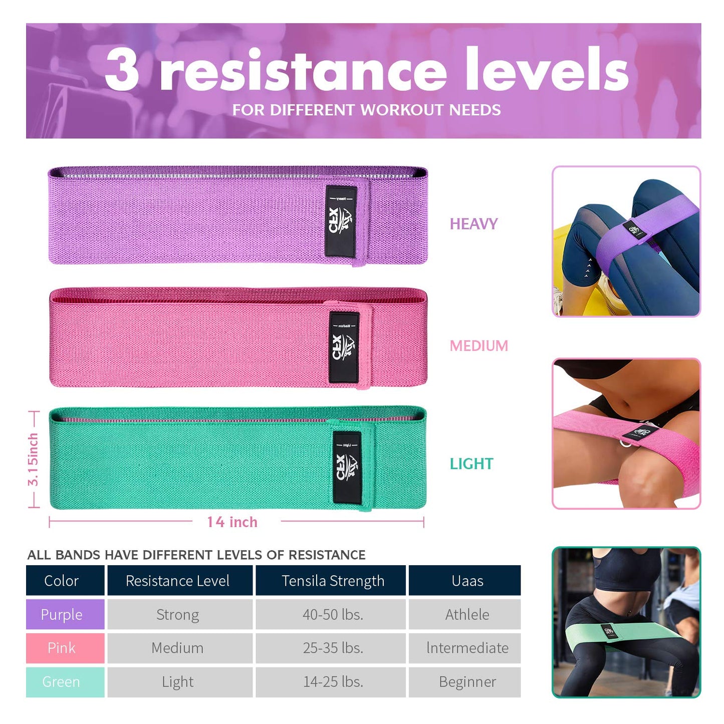 CFX Resistance Bands 3 Sets, Premium Exercise Loops with Non-Slip Design for Hips & Glutes, 3 Resistance Level Workout Booty Bands for Women and Men