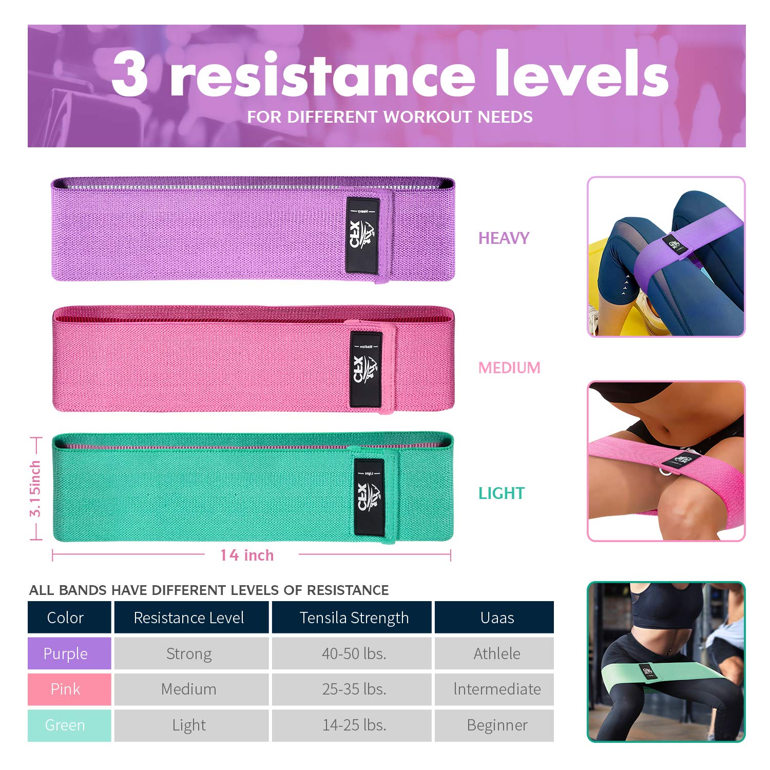 CFX Resistance Bands 3 Sets, Premium Exercise Loops with Non-Slip Design for Hips & Glutes, 3 Resistance Level Workout Booty Bands for Women and Men