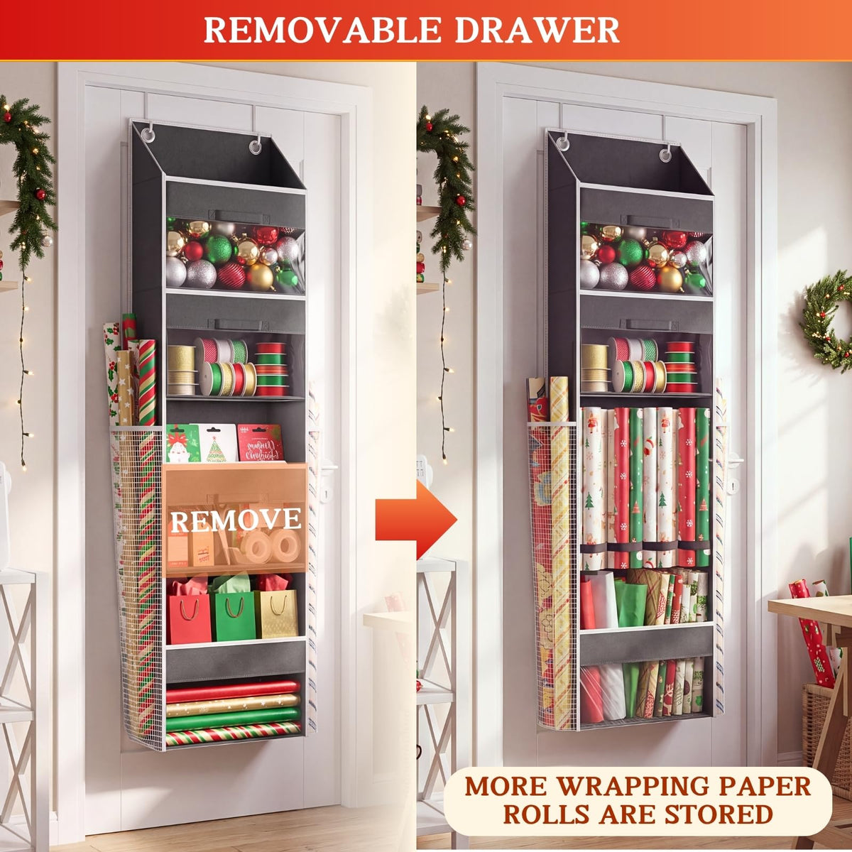 Over Door Wrapping Paper Organizer Storage with 3 Removable Drawers & Side Pockets – Dual Use Design with Elastic Straps – Christmas Gift Wrap Storage for Ribbons, Bows, Ornament and Other Tools 1Pack 🍁 All In One Marketplace Canada