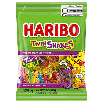 Haribo Twin Snakes Sweet & Sour Gummy Candy, 6 Fruity Flavours, No Artificial Colours - Pack of 12 Box (175g)