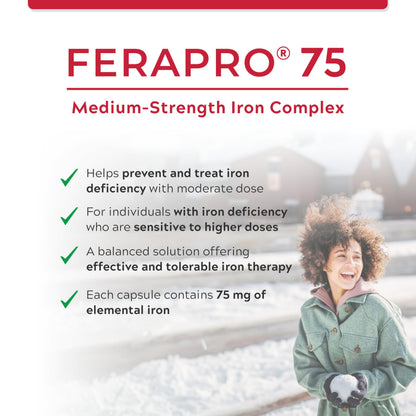 FERAPRO 75 Targeted Iron Support 75 mg Elemental Iron with Vitamin C Methylcobalamin 5-MTHF Glycine 100 Capsules Vegan Clean Label - Available at All In One Marketplace Canada