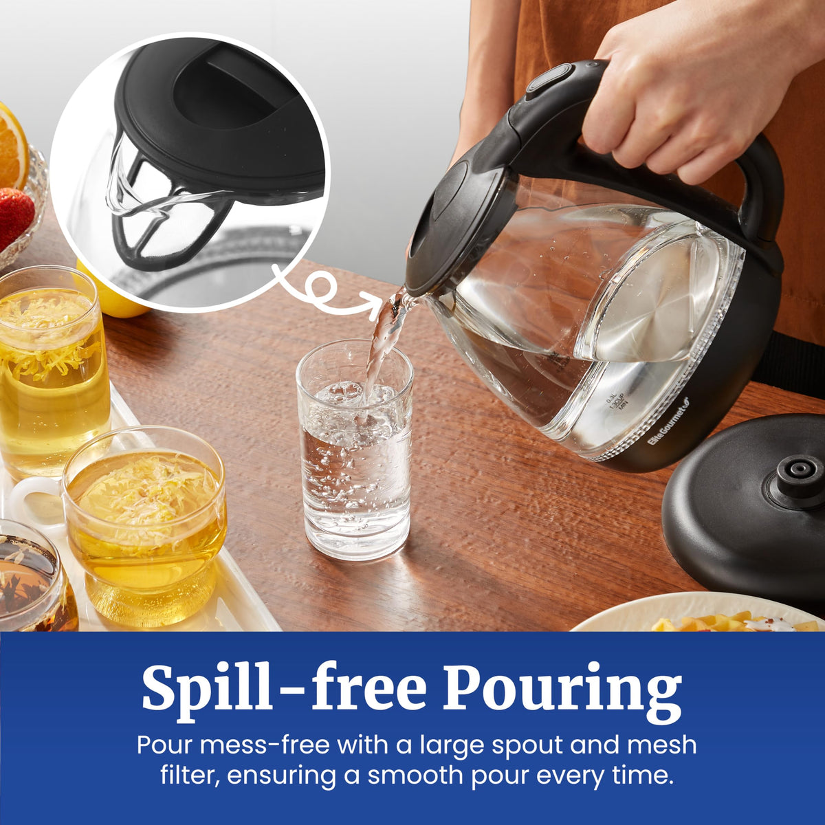 Elite Gourmet EKT1001 Electric BPA-Free Glass Kettle, Cordless 360° Base, Stylish Blue LED Interior, Handy Auto Shut-Off Function – Quickly Boil Water For Tea & More, Black, 1L