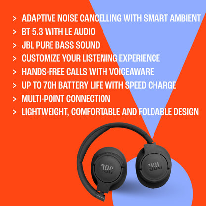JBL Tune 770NC - Adaptive Noise Cancelling with Smart Ambient Wireless Over-Ear Headphones, Bluetooth 5.3, Up to 70H Battery Life with Speed Charge, Lightweight, Comfortable & Foldable Design (White)