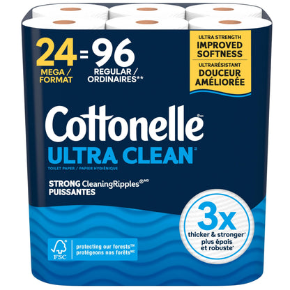 Cottonelle Toilet Paper, 24 Mega Rolls = 96 Regular Rolls, Ultra Clean, Strong Bathroom Tissue, 284 Sheets per Roll, Packaging May Vary