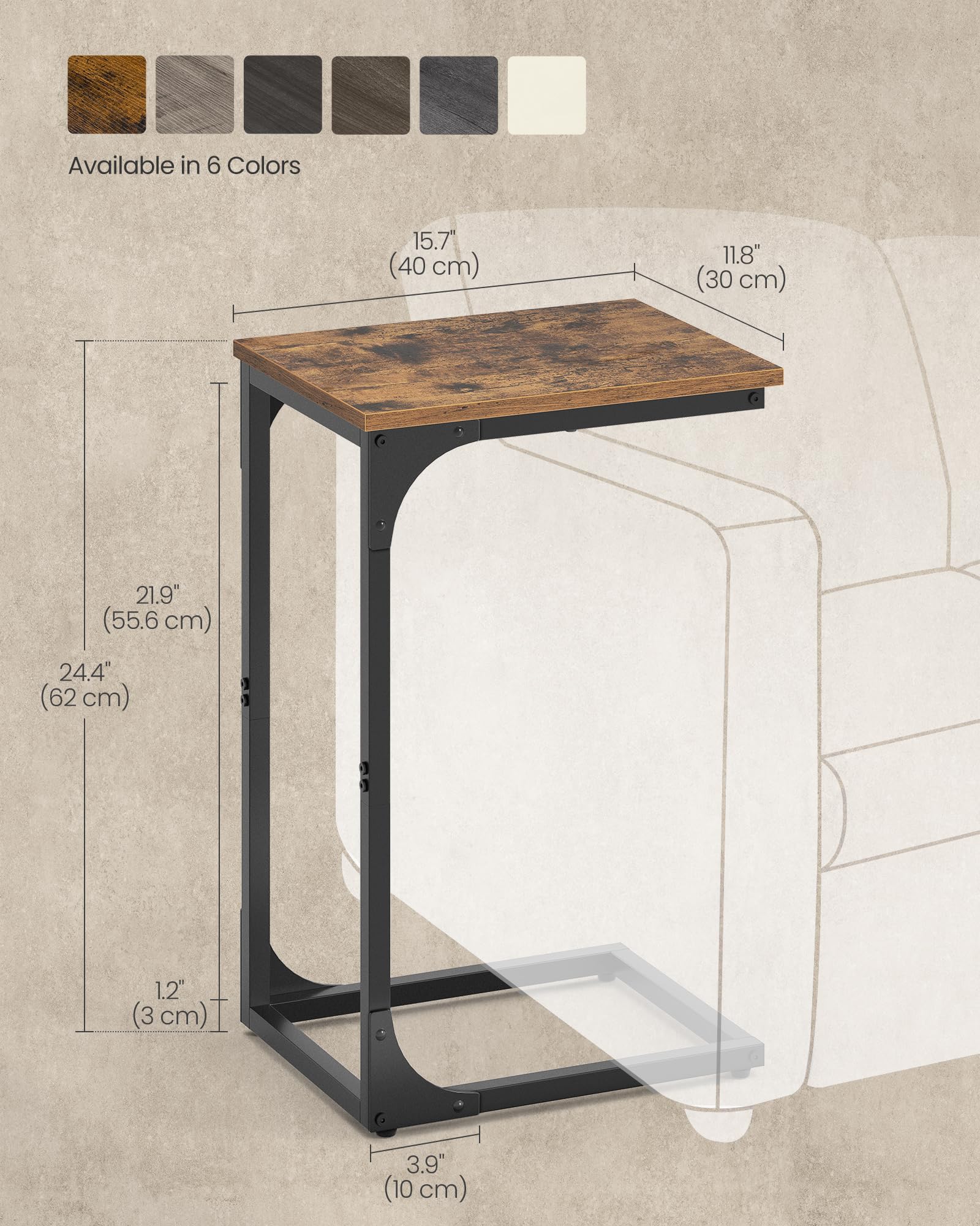 VASAGLE C-Shaped End Table, Small Side Table for Couch, Sofa Table with Metal Frame for Living Room, Bedroom, Bedside, Rustic Brown and Black ULET350B01 - Available at All In One Marketplace Canada