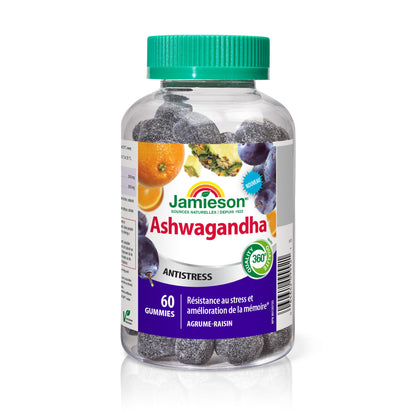 Jamieson Ashwagandha Gummy, 3000 mg, 90 Citrus Grape Gummies, Helps Increase Resistance to Stress and Improve Memory. Non-GMO, No Artificial Colours, Flavours, or Preservatives, 60 Gummies