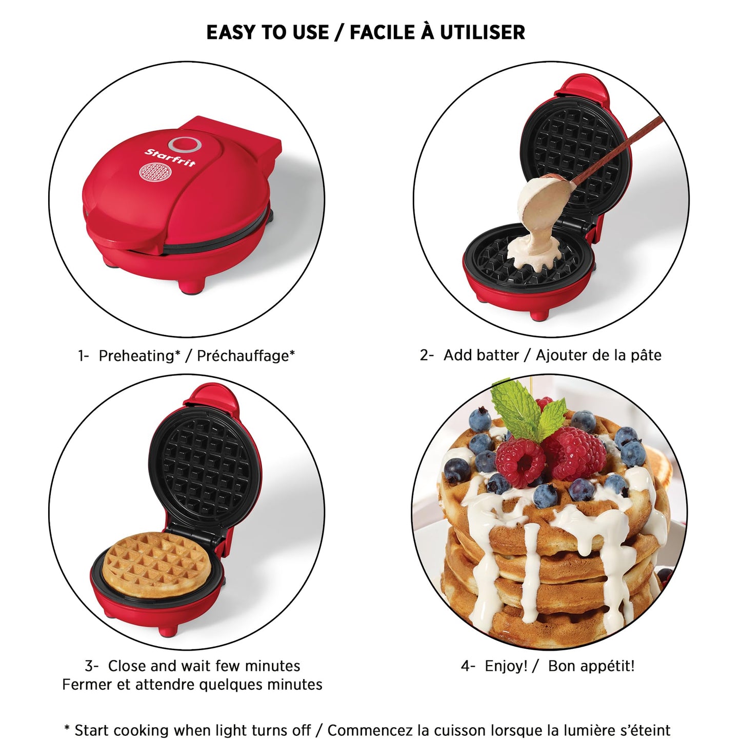 Starfrit Electric Mini Waffle Maker - 4" Non-Stick Cooking Surface - Easy to Use & Clean - Red - 350W - Available at All In One Marketplace Canada