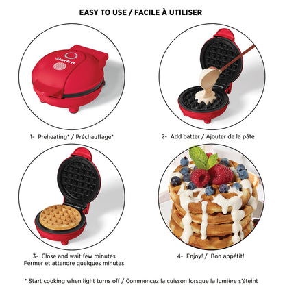 Starfrit Electric Mini Waffle Maker - 4" Non-Stick Cooking Surface - Easy to Use & Clean - Red - 350W - Available at All In One Marketplace Canada