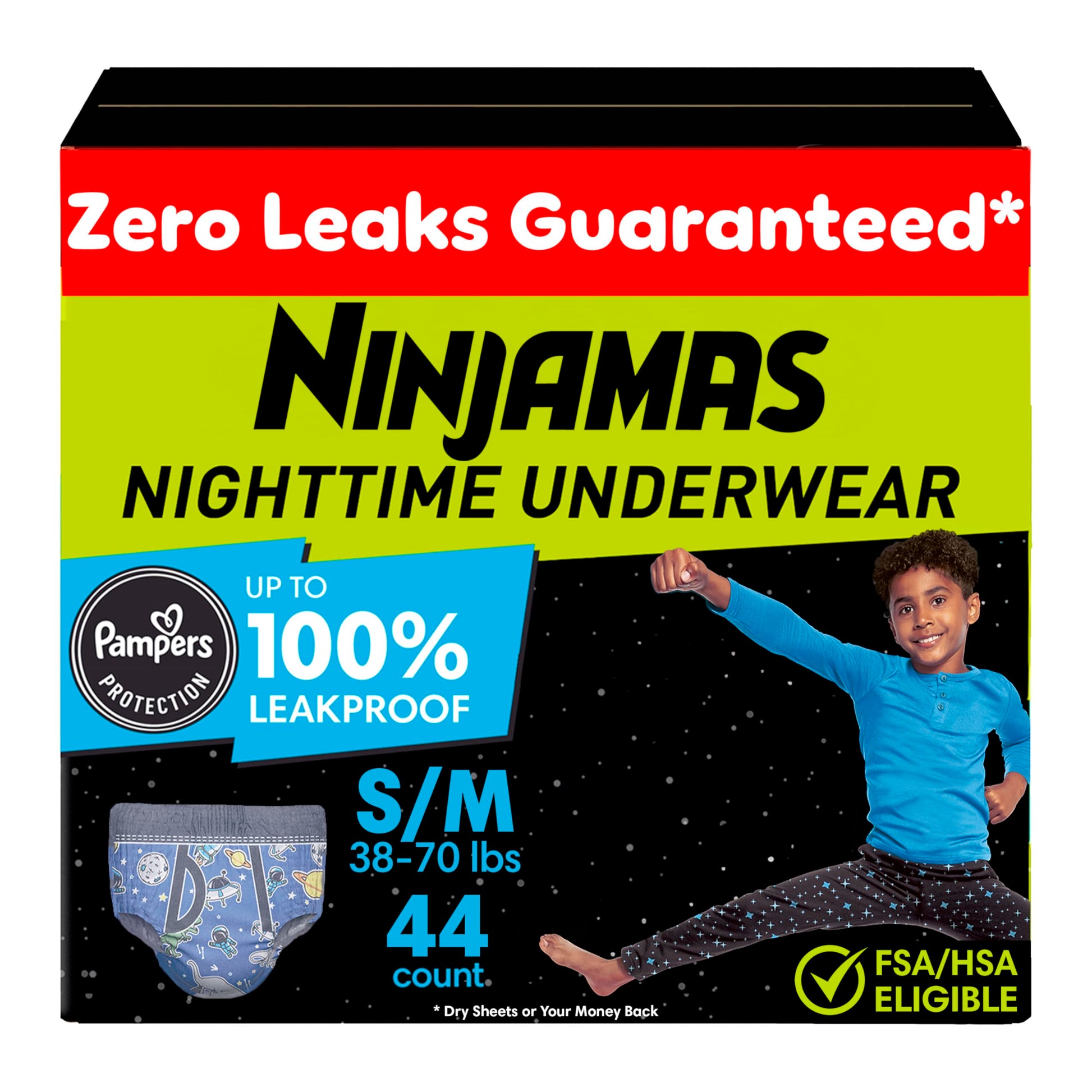 Ninjamas Boys Bedwetting Underwear, Overnight Protection, Ultra Absorbent, Hypoallergenic, Size S/M (17-32 kg), 44 Count,