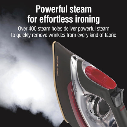 CHI Steam Iron for Clothes with 8’ Retractable Cord, 1700 Watts, 3-Way Auto Shutoff, 400+ Holes, Professional Grade, Temperature Control Dial, Titanium Infused Ceramic Soleplate, Silver (13106) CHI