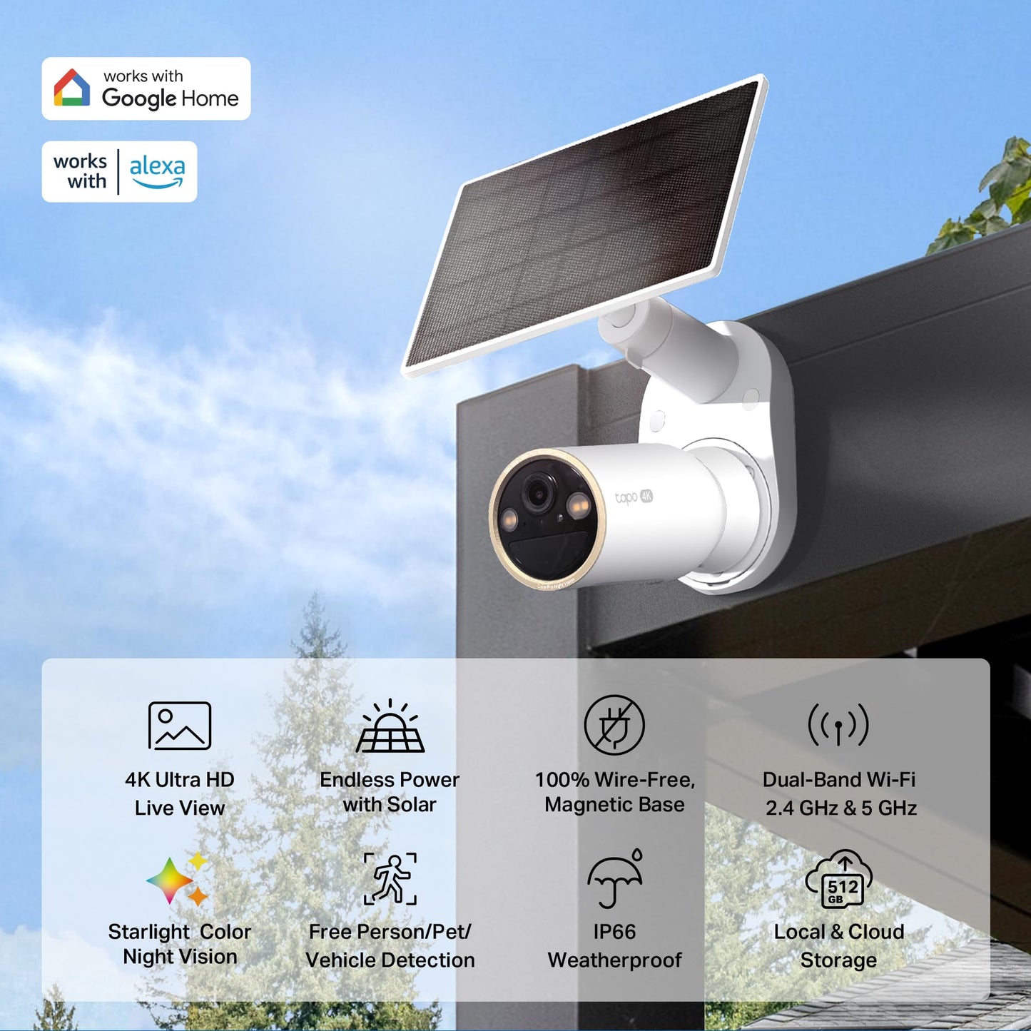 Tapo 4K 8MP Solar-Powered Outdoor Security Camera Kit, Wireless Magnetic Mount, 4K Ultimate Clarity, Free AI Detection, Cloud/Local Storage up to 512GB, Starlight Color Night Vision(Tapo C460 KIT)