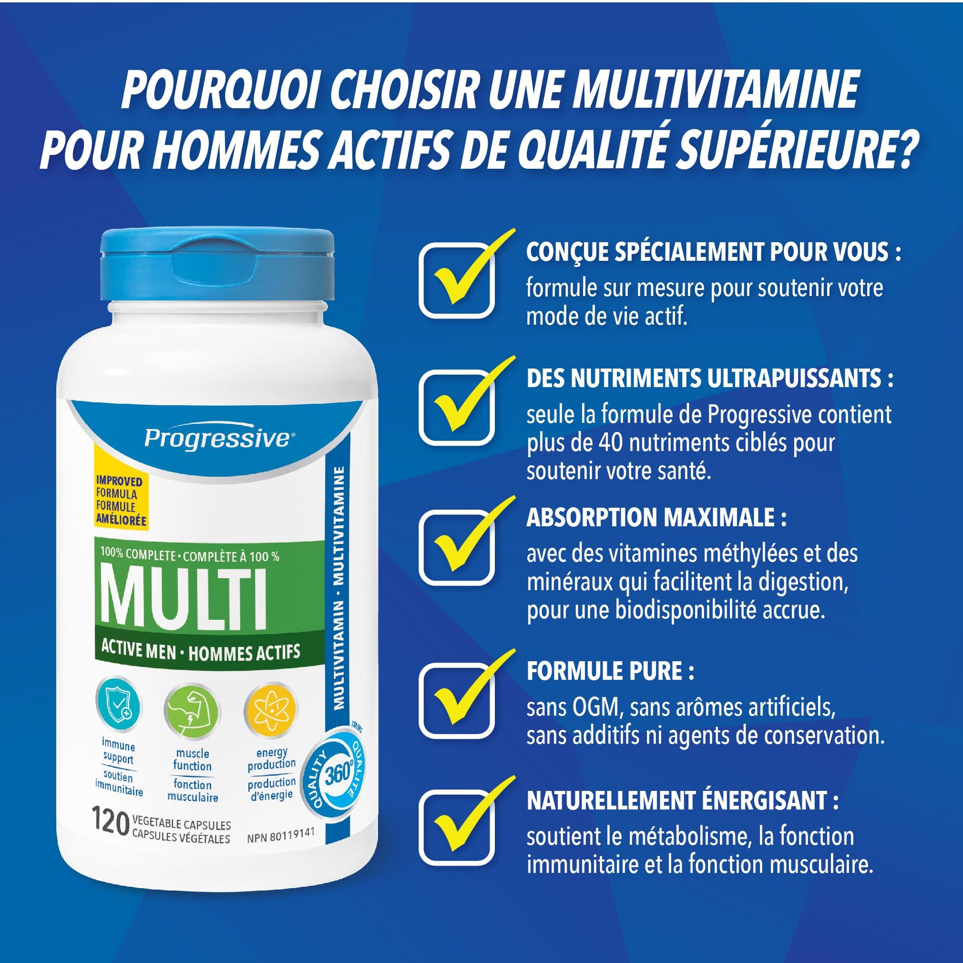 Progressive Advanced Daily Multivitamin for Active Men, with Quercetin, Maca, Ashwagandha, and Siberian Ginseng. Supports Immune Health, Muscle Function, and Energy, 100% Complete, Canadian-Made 120 Count - Available at All In One Marketplace Canada