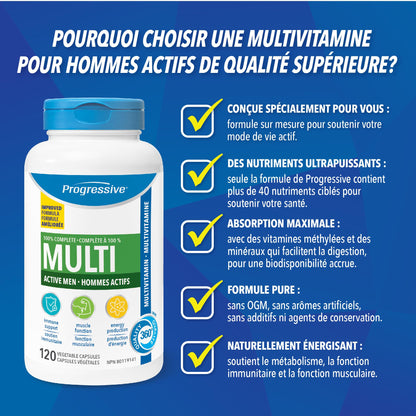 Progressive Advanced Daily Multivitamin for Active Men, with Quercetin, Maca, Ashwagandha, and Siberian Ginseng. Supports Immune Health, Muscle Function, and Energy, 100% Complete, Canadian-Made 120 Count - Available at All In One Marketplace Canada